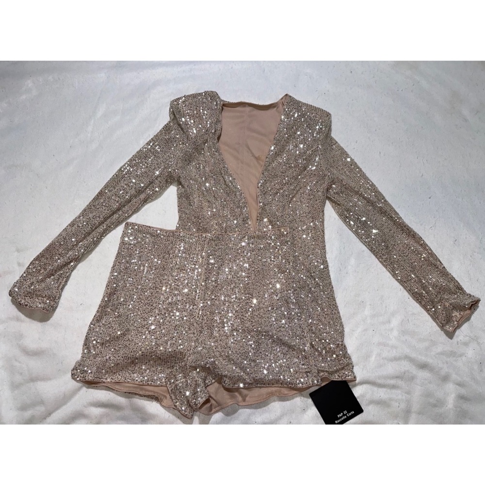 Champagne Gold Sequin Blazer Jacket Long Sleeve V-Neck Party Evening 2 piece set
